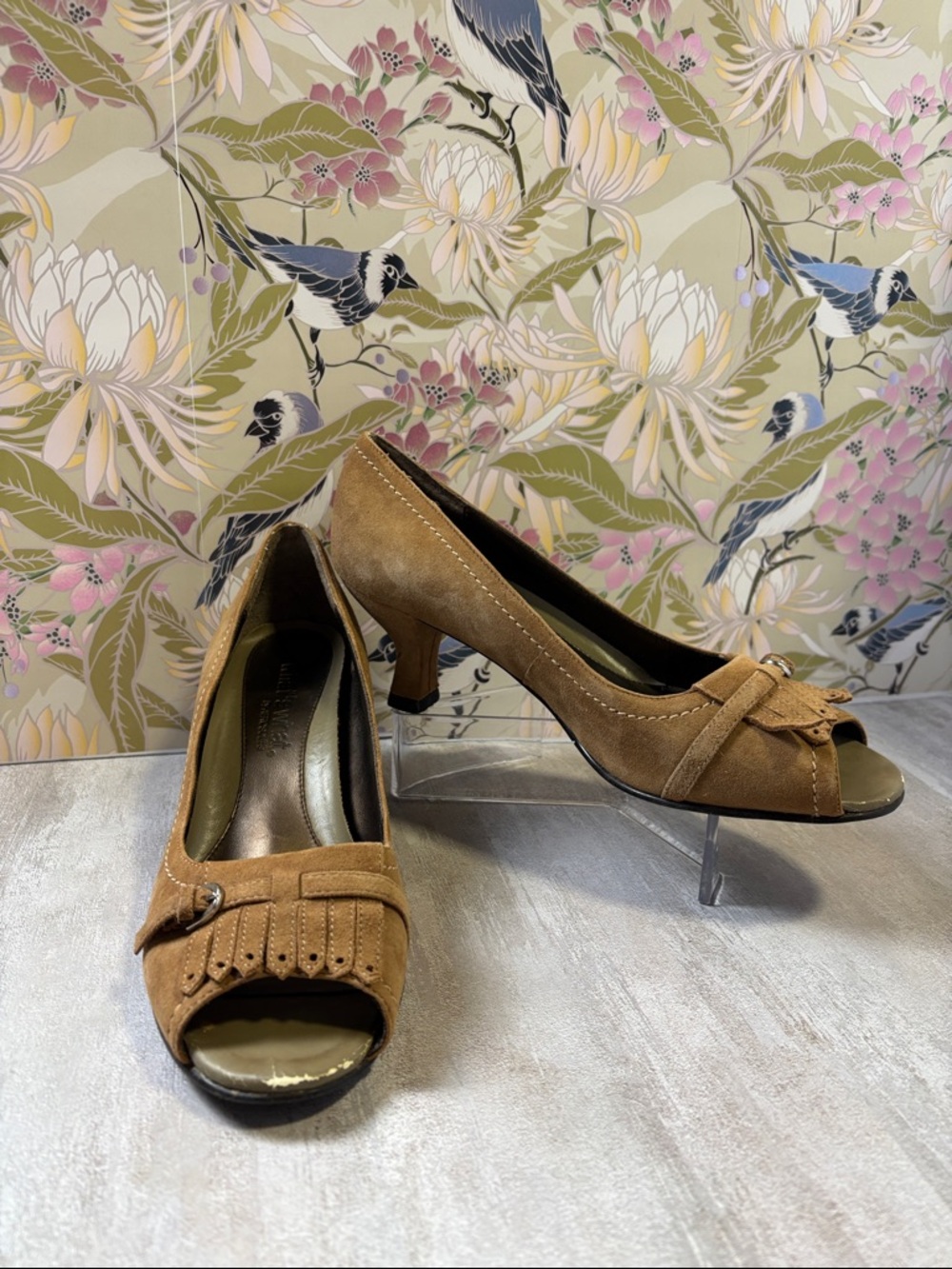 AEROSOLES Tan Suede Peep-Toe Kitten Heels with Fringe & Buckle Detail